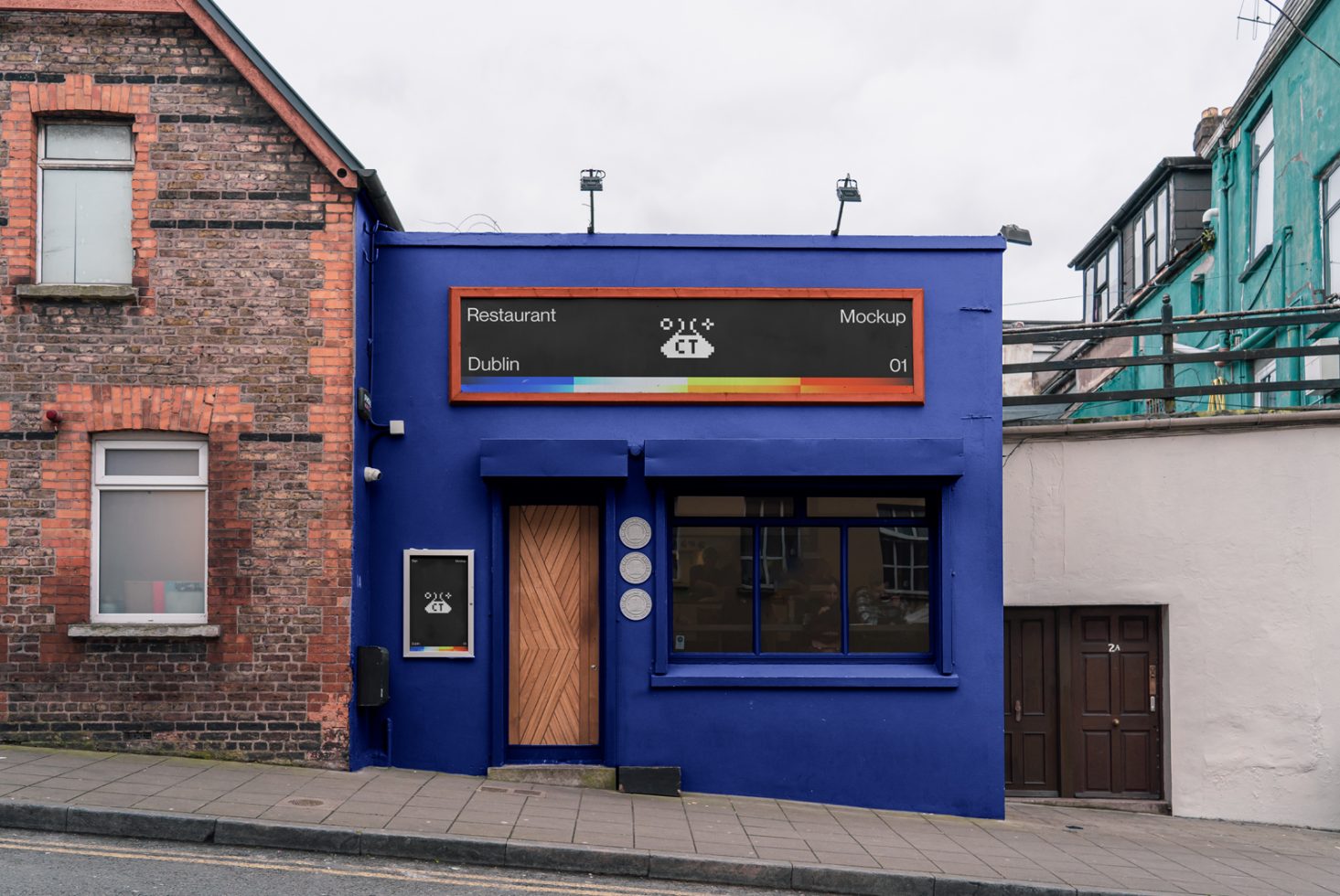 Blue storefront mockup for a restaurant in an urban setting with editable signage for design templates.